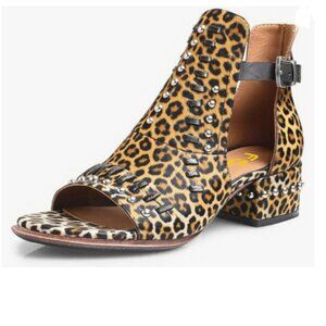 FSJ Brown Leopard Peep Toe Cut Out Buckle Ankle Boot Block Low Heeled Sandal